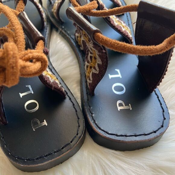 NIB POL Boho Embroidered Toe Loop Brown & Tan Lace-Up with Pom Poms Sandals - Picture 4 of 9